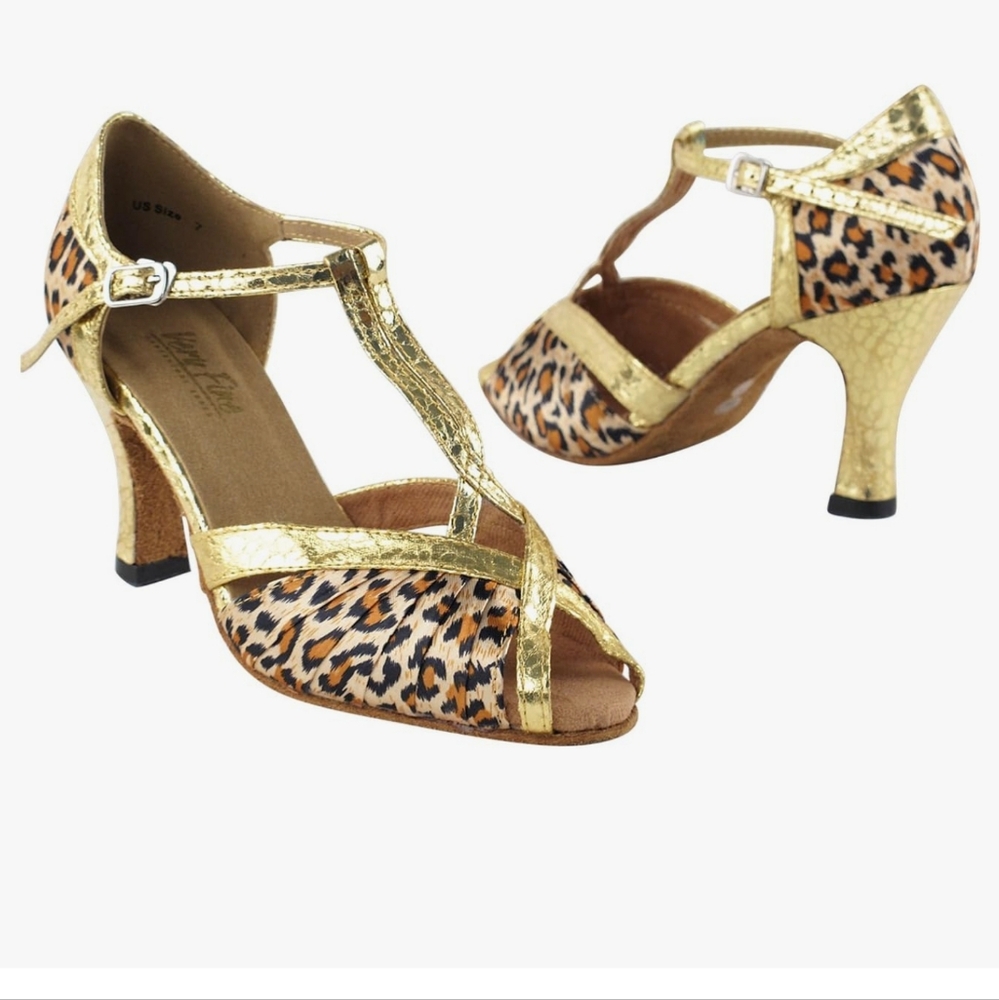 Very Fine 2707 Leopard Satin Dance Shoes wt Gold Trim 2.5" Heel Size: 8.5